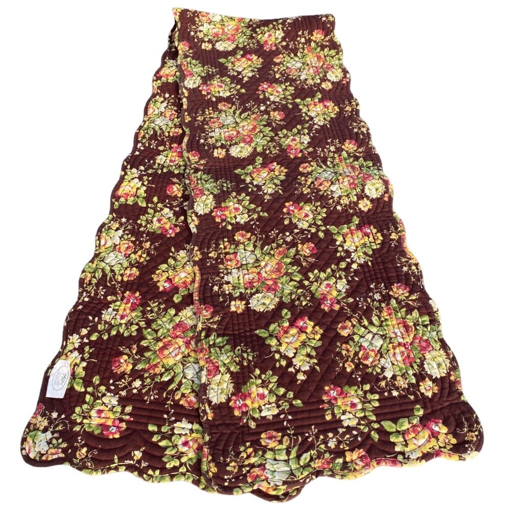 Laura Ashley quilted red floral table runner scalopped edges traditional cover